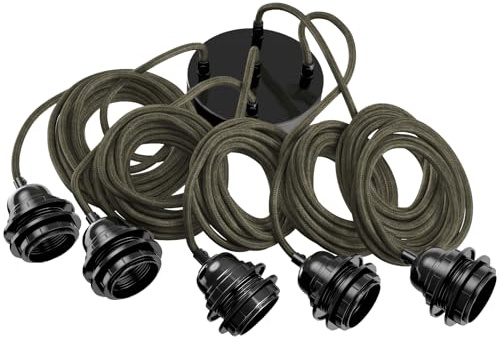 Hoopzi Hang Pendelleuchte, 5-flammig, 3,5 m Leinenkabel | E27-Bakelitfassung, Stahlbaldachin, DCL-kompatibel, für Schlafzimmer, Wohnzimmer und Küche, Farbe: Khakifarbenes Leinen
