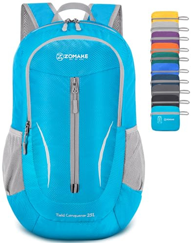 ZOMAKE Ultraleicht Faltbarer Rucksack Packbare Backpacks 25L,Kleiner Faltbar Wanderrucksack Wasserdicht für Damen Herren Outdoor Wandern(Hellblau)