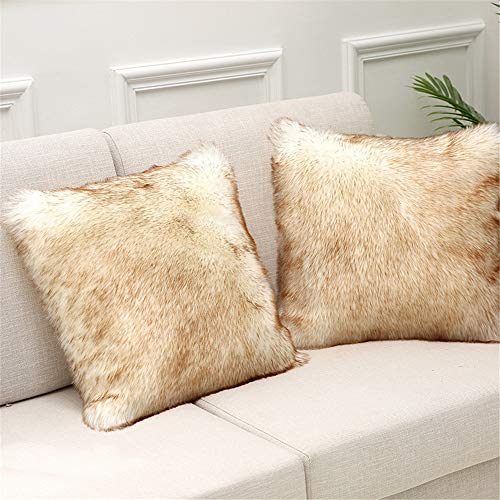 Martin Kench 2PCS Kissenbezug Kunstfell Reißverschluss Kissenhülle Kissenbezüge Fellkissen Sofakissen Fell Bezüge Kissen Hülle Sofa Deko Hüllen (Weiß braun,50 * 50cm)