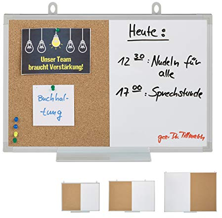 Relaxdays Kombitafel 2 in 1, Kork Pinnwand & Magnettafel, Aluminiumrahmen, Kombiboard mit Ablage, 30 x 45 cm, weiß/Natur
