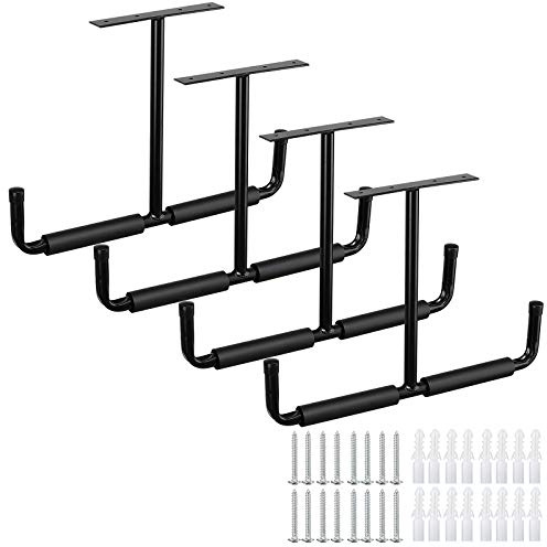 HOME COMPOSER Garaje Heavy Duty Gancho de techo de goma, juego de 4 ganchos de techo para neumáticos de coche, negro de acero, doble punta, soporte de techo de 20 cm para escalera y equipos deportivos