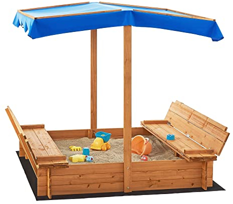 [en.casa] Sandkasten Kellenhusen mit Dach 120 x 120 x 120 cm Sandkiste mit Abdeckung Sandbox mit 2 klappbaren Sitzbänken und Bodenfolie Tannenholz Natur