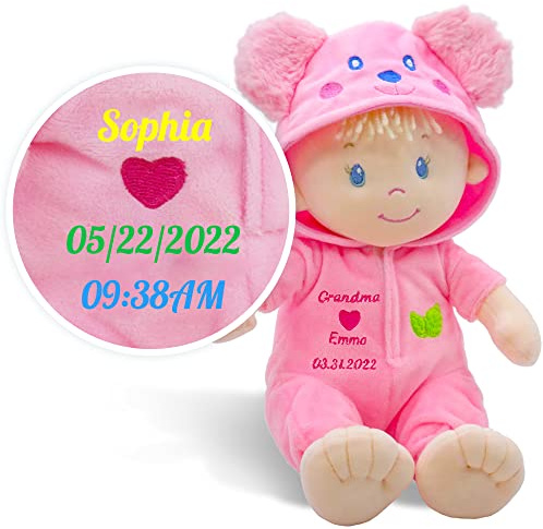 June Garden Personalized 12 Sweet Dolly Frida - Stuffed Ultra Soft Baby Bear Doll for Birth and Up with Custom Name, Date or Birth Weight
