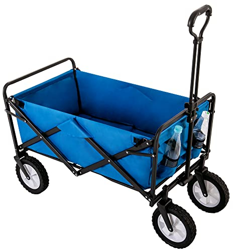 Merax Bollerwagen, Faltbar Handwagen mit verstellbare Griffe, Gartenwagen Transportwagen mit Getränkehalter, Strandwagen Picknickwagen, 360°Rotation des Vorderrads, Max Belastung 100 kg (Blau)