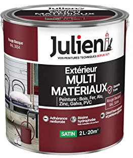 Julien Peinture Multi-Matériaux Satin en phase Aqueuse - Bois, Fer, Alu, PVC, Zinc, Acier galvanisé, brut ou peint - Rouge Basque 2 L