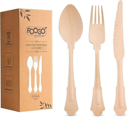 FOOGO Green 75pcs Set Couverts en Bois Jetables, Certifiés FSC®, 300 Fourchettes, 300 Cuillères, 300 Couteaux, 20cm, Écologique Compostable, Fête Pique-nique, Set de Couverts en Bambou pour Apéritifs