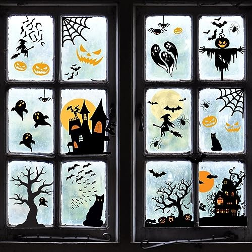 Haus Projekt Halloween Fensterbilder 53 STK, Wiederverwendbare Halloween Deko Fenster, Gruselige Party Deko, Fledermaus Gespenst Katze Spukhaus Spinnennetz Hexen Aufkleber, Fensteraufklebe