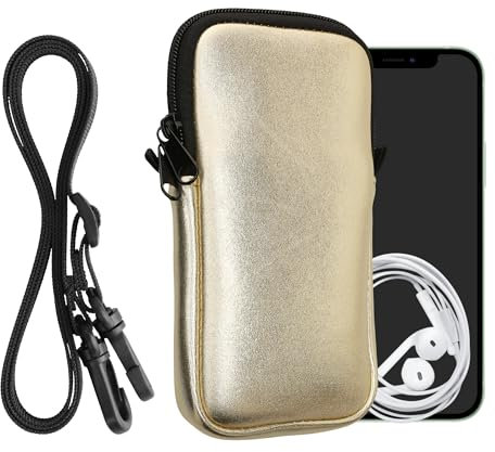 kwmobile Handytasche für Smartphones XXL - 7 - Neopren Handy Hülle Metallic Gold mit Kordel - Handy Tasche mit Handykette 17,7 x 8,5 cm Innenmaße