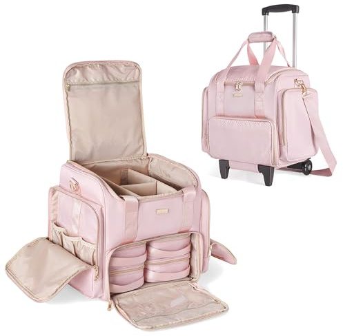 Prokva Kosmetiktrolley mit 4 separaten Etuis für Visagisten, Rosa | Für Visagisten und Friseure, Doppellagig, Mehrere Staufächer, Nur Leere Tasche