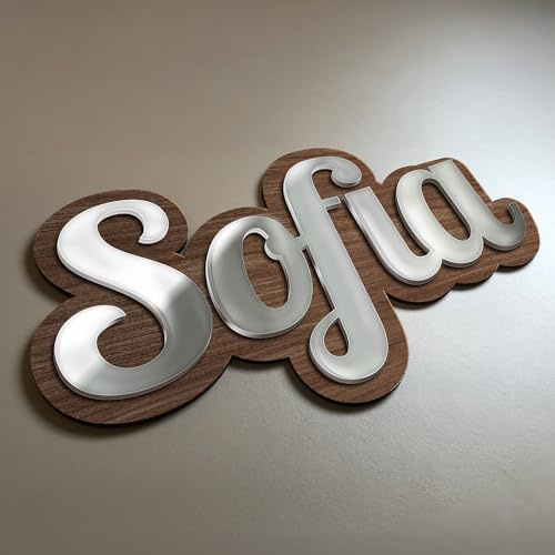 Personalisierbarer Vorname für Zimmertür, personalisierbar – personalisierbar – Schild aus Holz & Troglass Spiegel gestanzte Buchstaben (LUXE) (Nussbaum & Vorname Spiegel Silber)