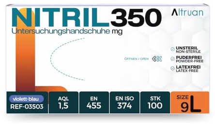 ALTRUAN Nitrilhandschuhe 100/1000 Stück, Blau/Schwarz, Nitril350, Einweghandschuhe, Einmalhandschuhe, Untersuchungshandschuhe, Handschuhe, puderfrei, latexfrei, Größe S - XL (Blau, L, Karton)