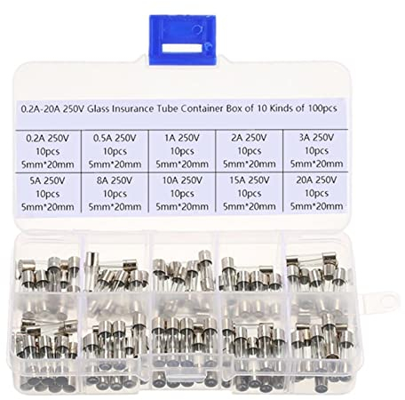 100-teiliges Set 5 x 20 mm flinke Glasrohrsicherungen, sortierte Kits, flinke Glassicherungen, 0,2 A, 0,5 A, 1 A, 2 A, 3 A, 5 A, 8 A, 10 A, 15 A, 20 A Ersatzsicherung