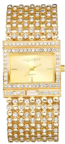 JewelryWe Damen Uhren Elegant Analog Quarz Armbanduhr Strass Rechteckig Beiläufige Uhr mit dreifach Panzerkette Armband