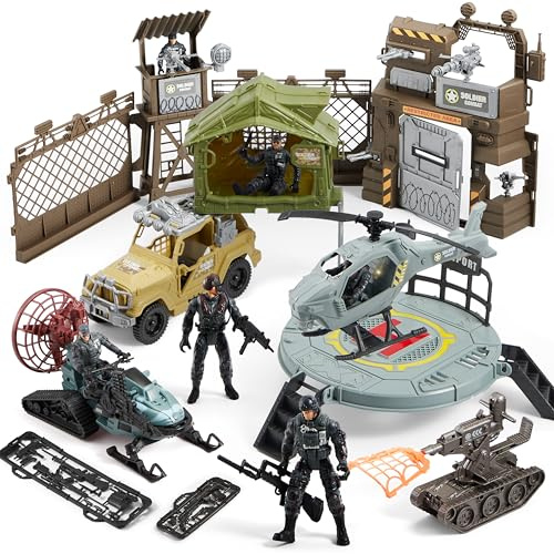 SYNCFUN Set da Giocattoli Militari, Veicoli, Action Figure e Accessori per Armi, Elicottero con Luce e Suono, Giocattoli Militari di Base per Ragazzi