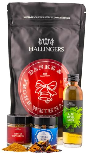 Hallingers Genuss Manufaktur Feinkost Weihnachts-Geschenk-Set - wertig in der Wundertüte Danke & Frohe W... kleines Mitbringsel Winterbratapfel, Nusslikör & Gewürz, Weihnachten für Frauen Männer