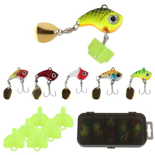 6 stycken jiggspinnare, fiskebete, set med 1 låda och 6 fiskkrokskydd, 10 g spinnerbait, wobble yta, drag, konstgjort bete för abborre, öring, gädda, gös, hav, färna