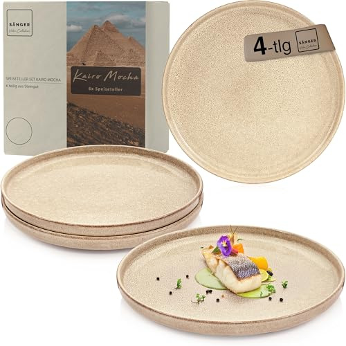 SÄNGER Kairo Mocha | Teller Set 4 Personen, 4x Speiseteller Set aus Steingut, Dinner Set kratz- mikrowellen- spülmaschinenfest, Steingut Teller Essteller Essgeschirr, Beige | VALUE COLLECTION