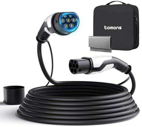 tomons Cable de Carga Tipo 2, 11 kW, 5 m, 16 A, 3 Fases,para Coche eléctrico Tipo 2 para EV/PHEV, Tipo 2 a Tipo 2 EV, con Bolsa de Transporte y paño de Microfibra para