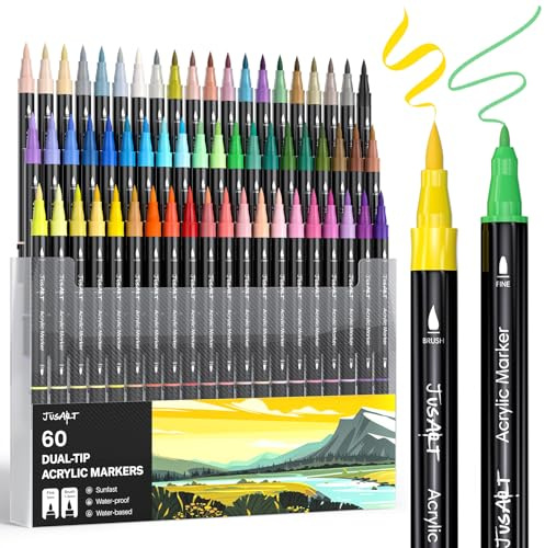 JusArt 60 Acrylstifte Wasserfest,Doppelspitze-Pinsel & Feinspitze | Acrylmarker Wasserfest, für Holz, Leinwand, Eier, Stein, Stoff, Felsen, Metall, Glas, Keramik,Tolles Geschenk für Künstler