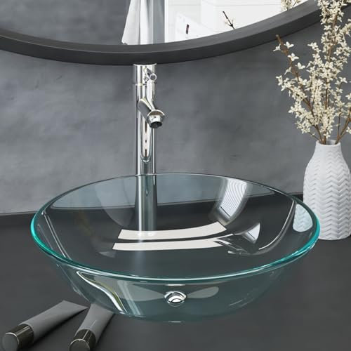 ShGaxin Lavabo con Grifo y tapón pulsador, Lavabo Baño, Lavabo sobre Encimera, Muebles De Baño, Mueble Lavabo, Cristal Templado Transparente