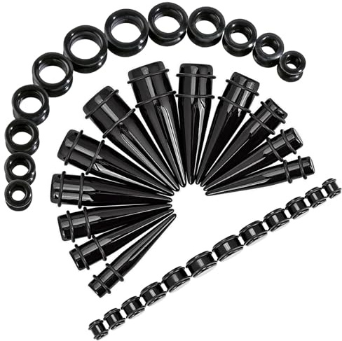 Longbeauty 36 Stk. 10mm-20mm Ohr Gauges Stretching Kit Acryl Tapers Dehnstab Ohr Dehnung Kit und Hart Silikon Tunnel Ohr Dehner Expanders, Schwarz