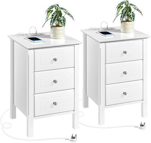 Yaheetech Set of 2 Charging Bedside Tables with 3 Drawers, White | E1 Spray-Painted MDF, 2 AC Outlets & 2 USB Ports, 40 × 40 × 60 cm Each, Coordinated Pair with Convenient Power Access