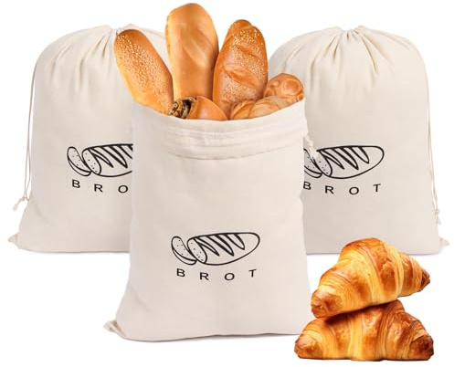 Figarge 3 Stück Brotbeutel 37 * 30cm Leinen Brotbeutel Aufbewahrung Frischhalten Leinenbeutel für Brot Brottüten Wiederverwendbar Bread Babrotbeutel mit Kordelzug