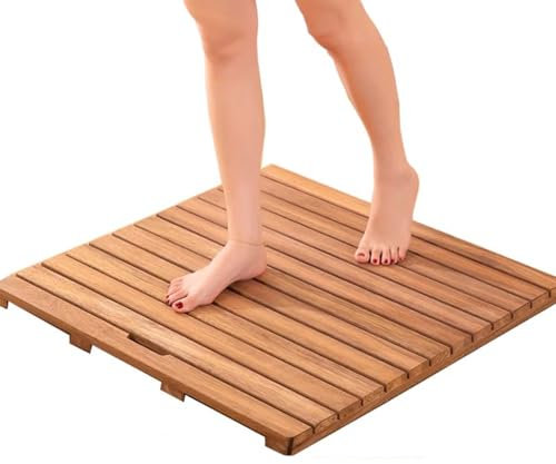 Caillebotis Douche Tapis de Douche en Bois pour Salle de Bain, Tapis de Sol Antidérapant en Bois pour Spa / Baignoire / Piscine / Extérieur, Tapis de Bain Carré en Bois avec Poignée(80x120cm(31 1/2x47