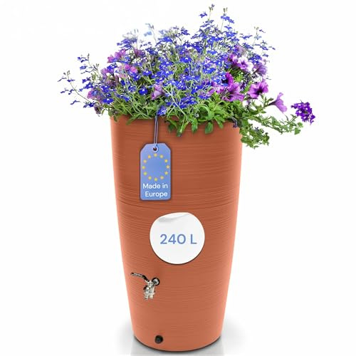 YourCasa Regentonne 240 Liter [Aquasplash] Messing Wasserhahn & Deckel - Regenfass Frostsicher aus Kunststoff - Regenwassertonne - Regenwassertank Garten Wassertank Regensammler Wasserfass (Rust)