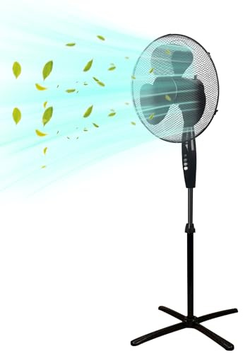 shine planet 16 Oscillating Desk Fan: 1.1-1.25M Height Adjustment, 3-Speed Button Control & Tilt Head for Wide Cooling Coverage - Easy Assembly with Energy-Saving Aluminum Motor (BLACK)