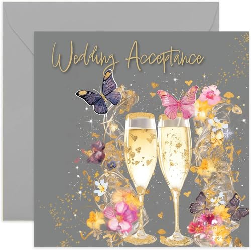 Hochzeitskarte für die Antwort auf die große Einladung – Champagner- und Schmetterlings-Design, für zukünftige Braut und Bräutigam, Dankeschön, innen unbeschriftet
