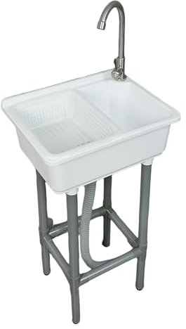 Lavabo da Bagno Bianco, Lavandino in Resina, Lavabo da Appoggio per Bagno WC Lavanderia Garage Guardaroba 43x32x83 cm / 17x12x33 Pollici D Rubinetto