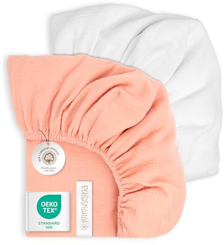 Mimuselina Sabanas Capazo Bebe 35x75 | Pack de 2 Sabanas Moises 100% Algodón Muselina Suave y Transpirable | Hechas en España | Rosa-Blanca