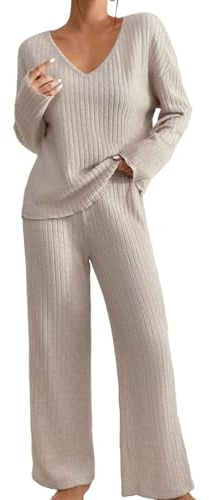 2 Piece Outfits for Women UK, Ribbed Two Piece Sets, Deep V Neck Long Sleeve Sweater Full Length Wide Leg Trousers Solid Color Co Ord Sets Lightweight Comfy Homewear Trendy Loungewear Beige