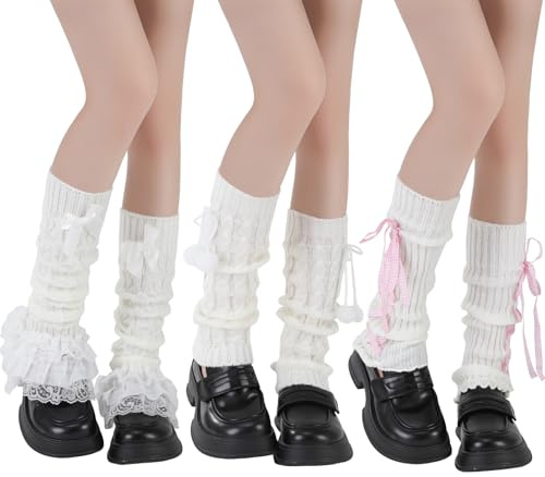 Jspupifip Kawaii Leg Warmers for Girls 3 Pairs, Y2K Lolita Ballet Leg Warmer Ribbed Knit Bow Cute Knee High Legwarmers for Harajuku Japanese Costume Party Accessory