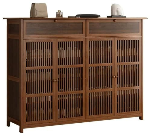 ACEMIC Zapatero Grande 35cm de Fondo para Zapatos Talla Grande, Mueble de Bambú con Cajón Oculto y Estantes Ajustables, Armario Recibidor para Botas, Puertas de Rejilla, 130x35x100cm