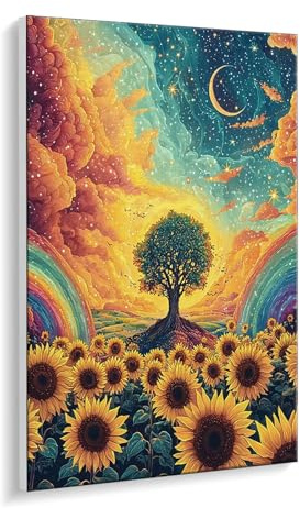 Pintar por Numeros Adultos Girasol cielo estrellado, Cuadros Numeros Pigmento Acrílico, DIY Pintura por Numeros Kit Manualidades Adultos, Decor para el Hogar pared 70 x 90 cm (sin marco) q-704