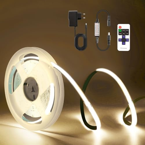 TK99SW COB LED Streifen 2M, LED Streifen Naturweiß 4000K, 24V Licht Band Dimmbar, 8mm Breite, mit RF Fernbedienung und Netzteil, für Home Dekoration, Küche, Spiegel