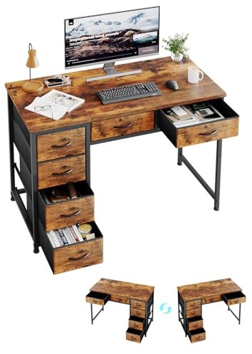 MUTUN 100x48 cm Desk, Small Computer Desk with 6 Fabric Drawers, Reversible Home Office Desk with Adjustable Feet, Work Desks for Office, Study, Vanity Table for Bedroom, Rustic Brown