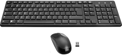 Speedlink SIGNIUM Deskset - Set Combo Teclado y Ratón Inalámbrico USB Wireless 2.4G, US Diseño inglés QWERTY, Funciona con Pilas, con Cable, Teclas multifunción, Sensor de 1200 PPP, Negro