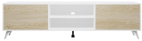 amuéblate Online - Mueble de TV de Diseño Nórdico, 2 Compartimentos de Almacenamiento y 2 Puertas, Apto para Televisores de Gran tamaño, Color Blanco-Roble