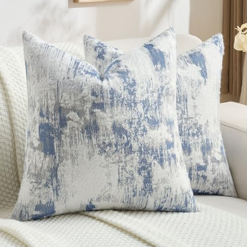 YSTELLAA Juego De 2 Funda Cojin 60x60, Fundas Cojines Suave Cachemira, con Cremallera Oculta, Cuadrado Fundas De Cojines, para Decoración del Hogar Sofá Dormitorio, Azul Blanco