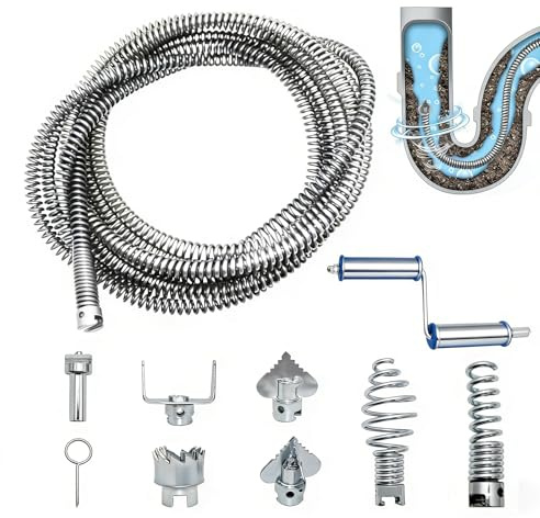 Muelle desatascador de tuberías 5m x 12mm, desatascador con 6 cabezales | Doble uso manual y eléctrico, cable desatascador para WC y fregadero, flexible para codos, elimina atascos profundos