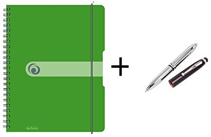 Herlitz Spiralblock / Collegeblock / DIN A4 / kariert / 80 Blatt / Farbe: grün + LED Touchpen Kugelschreiber