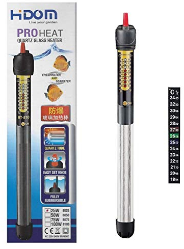 Hidom Aquarium Heater Quartz Glass Submersible Fish Tank - 75w Thermostat Control Pro-Heat HT 8075 - With FREE Stick on Thermometer - Suitable for both fresh and salt water