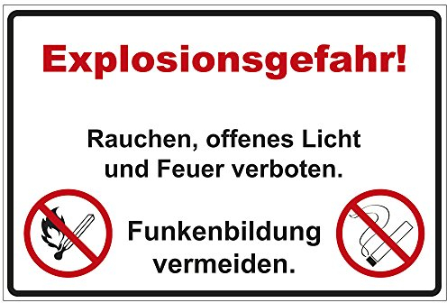 Schild Explosionsgefahr! Rauchen, offenes Licht und Feuer verboten. aus Alu/Dibond 300x200 mm - 3 mm stark