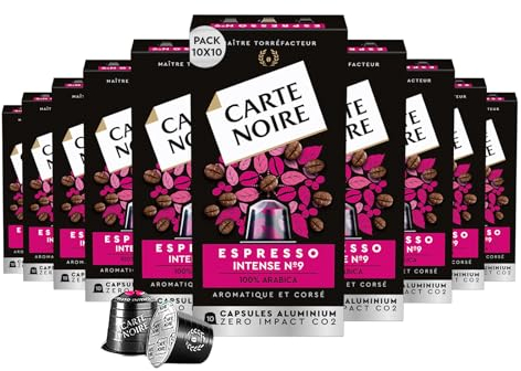 Carte Noire, Espresso Intense, 100 Aluminium Capsules Compatible with Nespresso Original Coffee Machines, with Dried Fruit and Chocolate Notes, 100% Arabica, Intensity 9/10, 10 Packs
