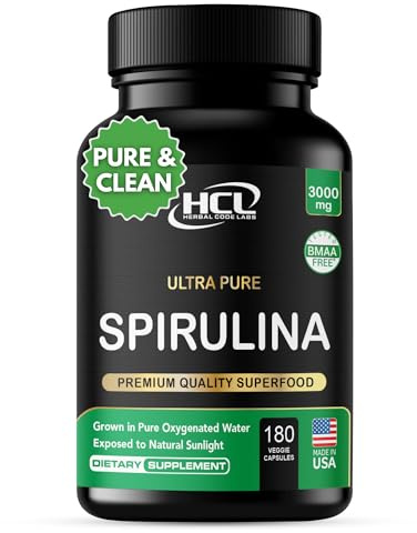 Spirulina Powder Capsules 3000 mg - Purest Non-Irradiated Blue Green Algae - Best Raw Vegan Protein - Green Superfood - Natural Multivitamins – 180 Pills Made in the USA