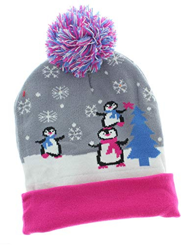 MIK funshopping Lustige Weihnachtsmütze Pudel-Mütze Beanie-Hat mit PomPom und LED Licht