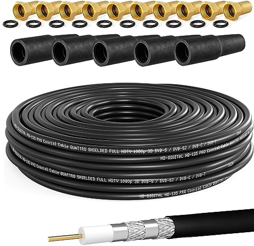 HB-DIGITAL 50m Koaxialkabel SAT HQ-135 PRO inkl. 5x Gummitüllen + 10x F-Stecker vergoldet GRATIS dazu | Satellit Antennenkabel 4-Fach geschirmt | für DVB-S/S2 DVB-C/C2 DVB-T/T2 DAB+ Radio BK Anlagen